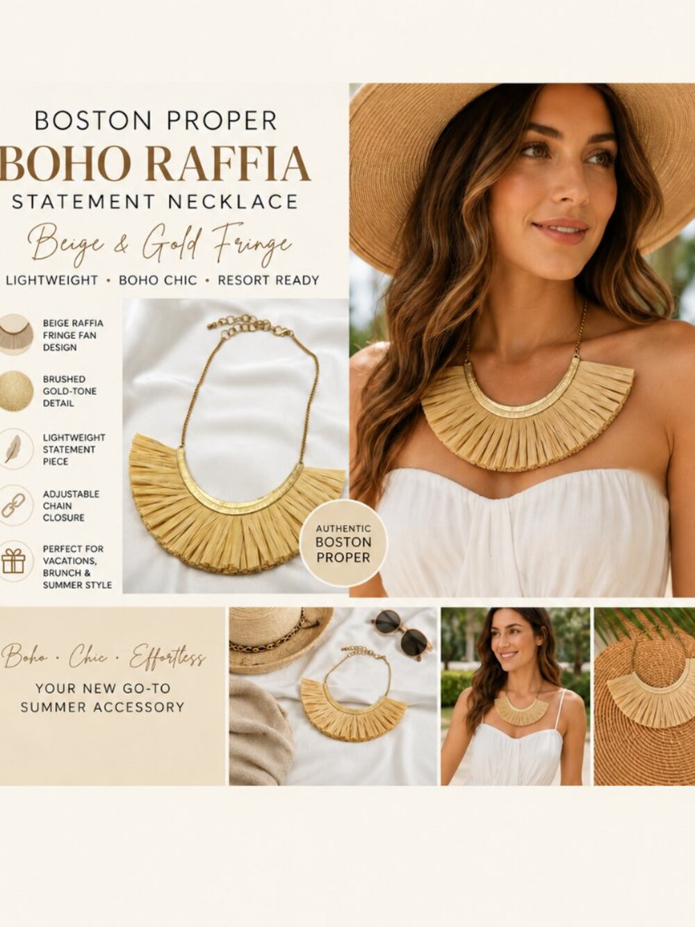 Boston Proper Beige Raffia Fringe Statement Necklace
